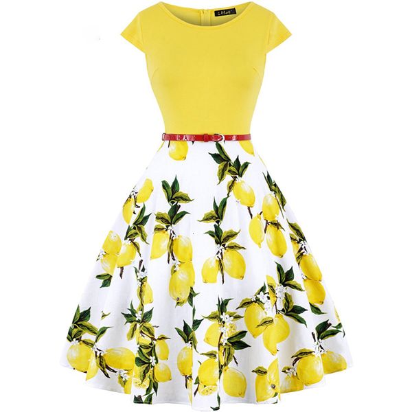 

women clothing women dresses summer women vintage 50s 60s o neck floral flower lemon printed pin up skater dress casual new, Black;gray