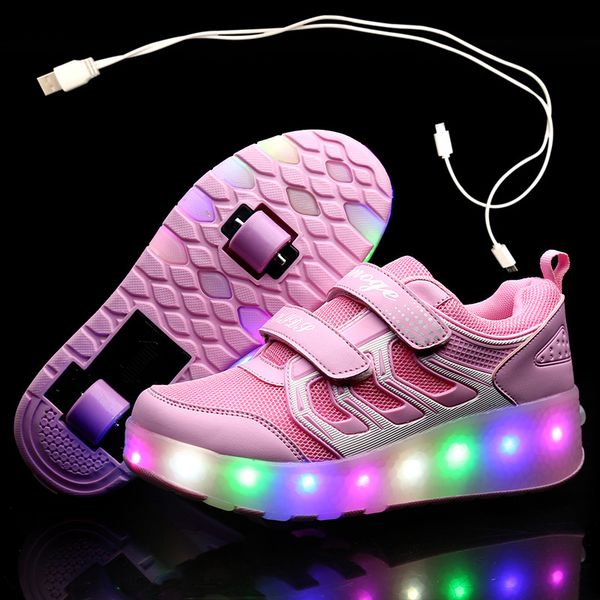 

usb charging children roller skate casual shoes boys girl automatic jazzy led lighted flashing kids glowing sneakers with wheels, Black