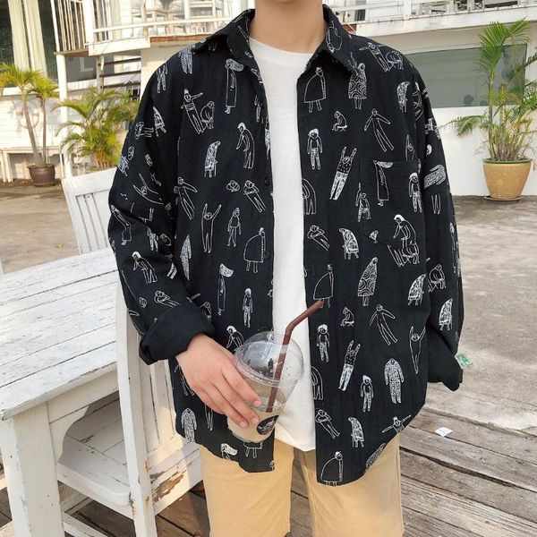 

2019 new men's spring tidal current printing long-sleeved blouse loose and comfortable shirt costumes, White;black