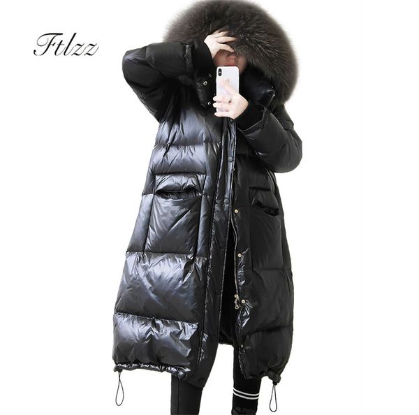 

women thickening snow wear outerwear winter new vintage bright black down jacket female meidum long hooded fur collar coats