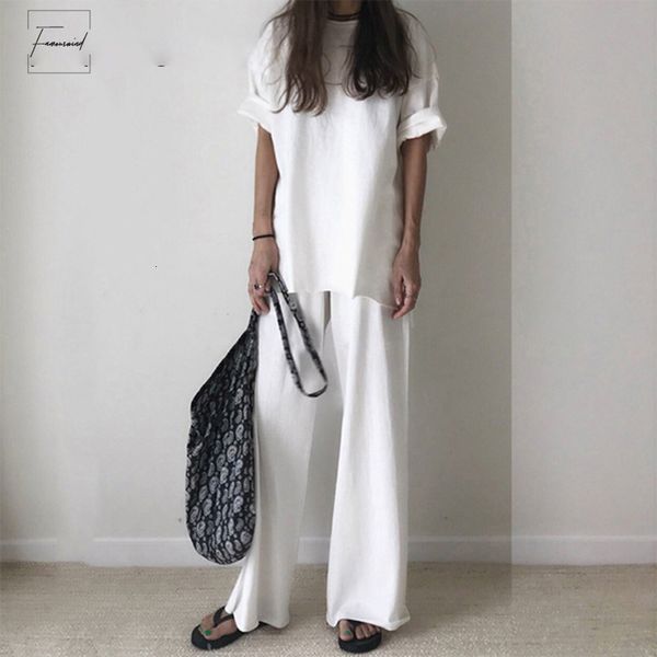

set casual t shirt trouser women two short sleeve loose t shirts high waist wide leg pants suits summer, White
