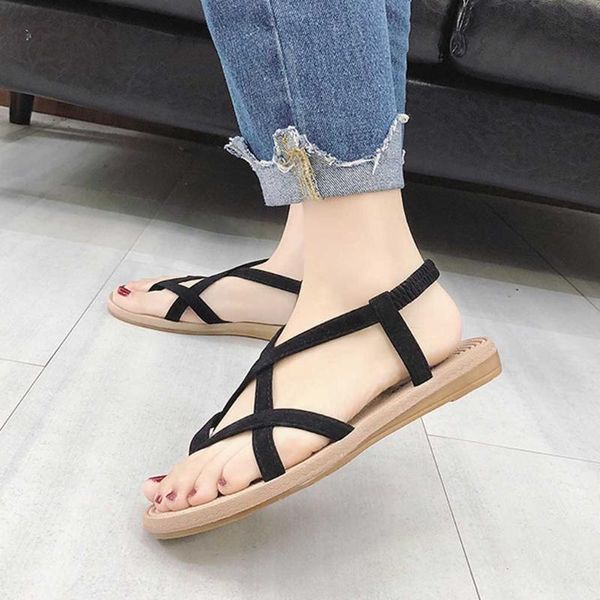 

women summer open toe sandals clip toe women's solid shoes sandalia feminina casual flat elastic band rome sandals black beige