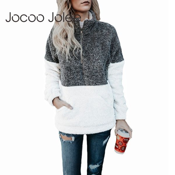 

jocoo jolee women turtleneck sweater winter 1/4 zipper sherpa knit soft fleece pullover color block sweater casual outwear coat, White;black