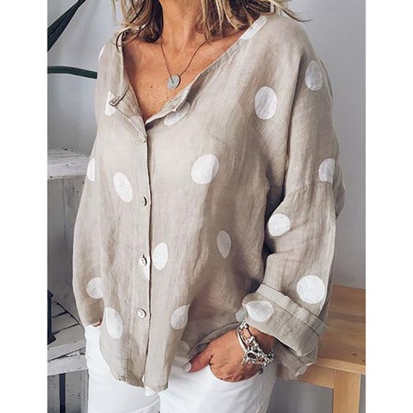 

laamei 2019 polka dots print women casual blouse shirt long sleeve buttons loose women blouses plus size basic blusas, White