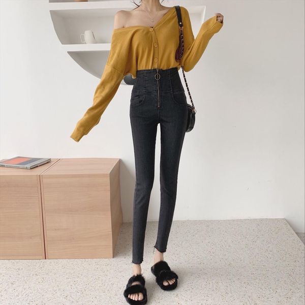 Compre Las Mujeres Pantalones De Lápiz De Mezclilla Con Cremallera Cintura Alta Han Probado Lazos Super Negro Ash Jeans Gris Oscuro 8265 A 536 Del