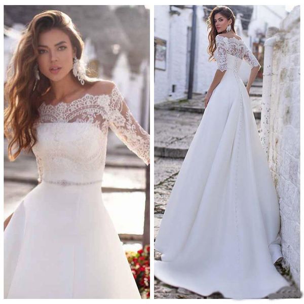 

2019 off shoulder romantic lace wedding dresses with half sleeves two pieces a-line beaded sash garden bridal gowns, White
