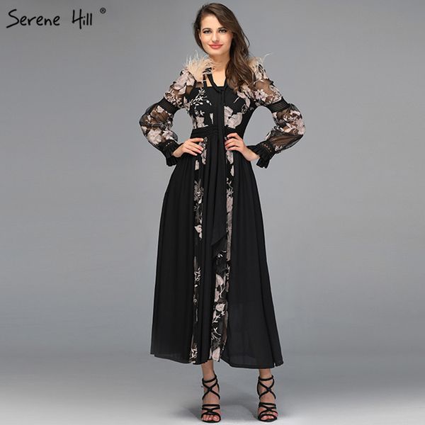 

black a-line long sleeves evening dresses design 2019 embroidery feathers -length evening gowns serene hill qa8042, White;black