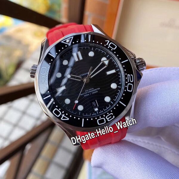 Günstige neue Diver 300M 210.32.42.20.01.001 Automatik-Herrenuhr mit schwarzem Textur-Zifferblatt, Stahlgehäuse, schwarze Lünette, rotes Kautschukarmband, Hello_Watch E277