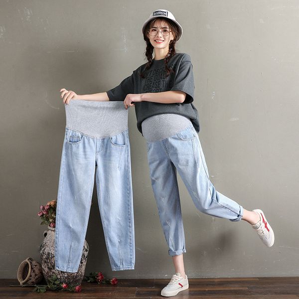 

maternity denim jeans elastic all-match stonewashed waist belly loose thin pencil trousers pregnant women pregnancy nine pants, White