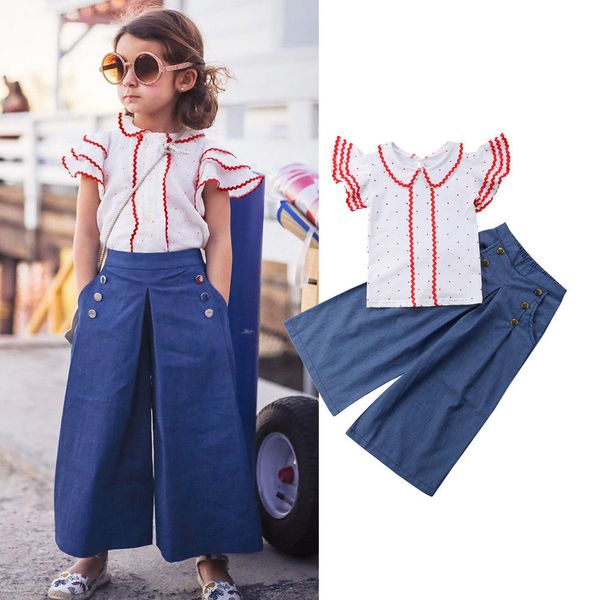 

2018 summer toddler baby girls fashion clothes sets 2pcs short ruffles sleeve dot print t-shirts blue wide leg pants 1-6y, White