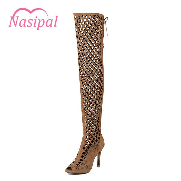 

nasipal thigh high gladiator sandals boots women peep toe netted cut-out over the knee boots high heels sandals size46 c088, Black