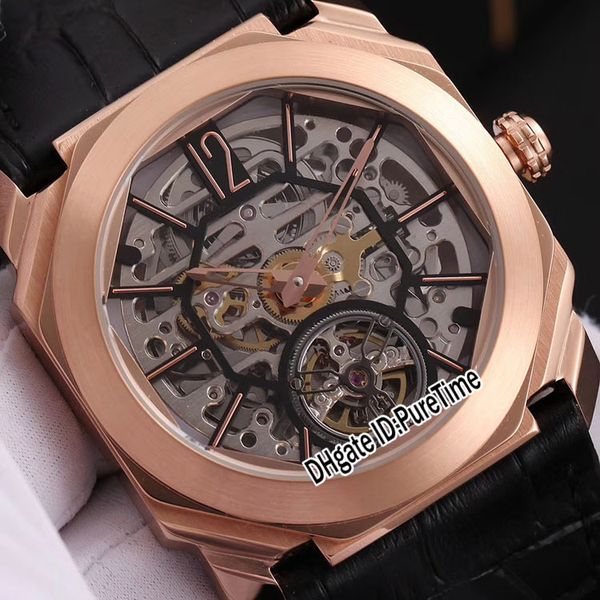 

new 42mm octo finissimo tourbillon 102946 rose gold skeleton dial mechanical automatic mens watch sports leather 3 styles watches bgt09a1, Slivery;brown