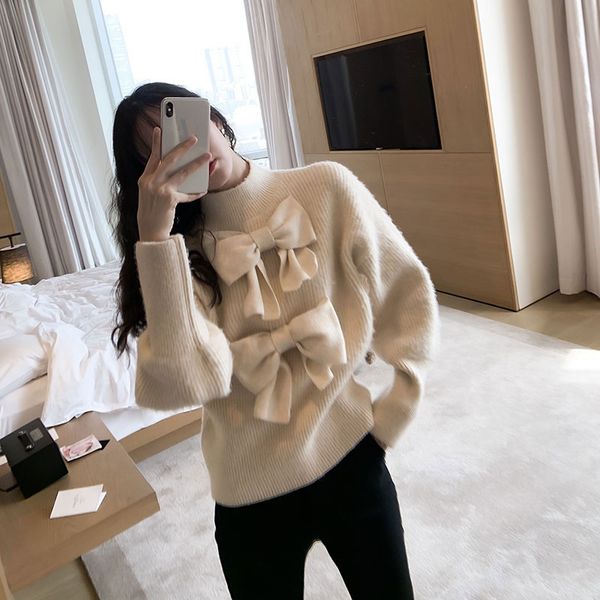 

2020 elegant bow women's sweater turtleneck lantern sleeve solid pullovers sweaters female fashion autumn new, White;black