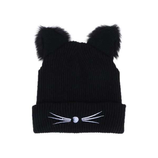 

warm black knitted winter hat for women cute cat ears hat skullies hats pompom caps female bonnet femme woolen braided fur hat, Blue;gray