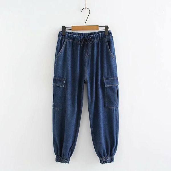 

plus six women jeans dark blue denim brooch elastic waist harness with big pockets