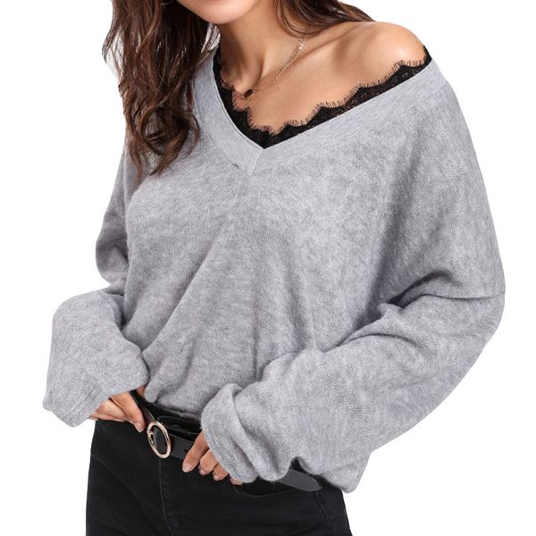

women's sweaters v neck solid women v-neck long sleeve lace knitted pullover loose sweater jumper, White;black