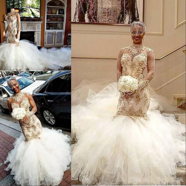 

Sexy Niagerian Africa Mermaid Wedding Dresses Cathedral Tail High Neck Beads Applique Long Sleeves Glamorous Bridal Gowns Wedding Gowns