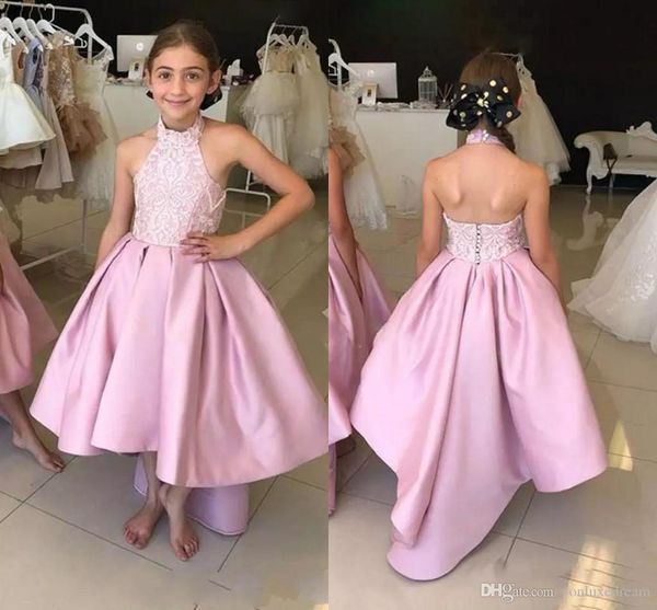 

fapink high low girls pageant dresses 2019 halter lace ruffles kids birthday party dresses satin customized flower girls dresses for wedding, White;red