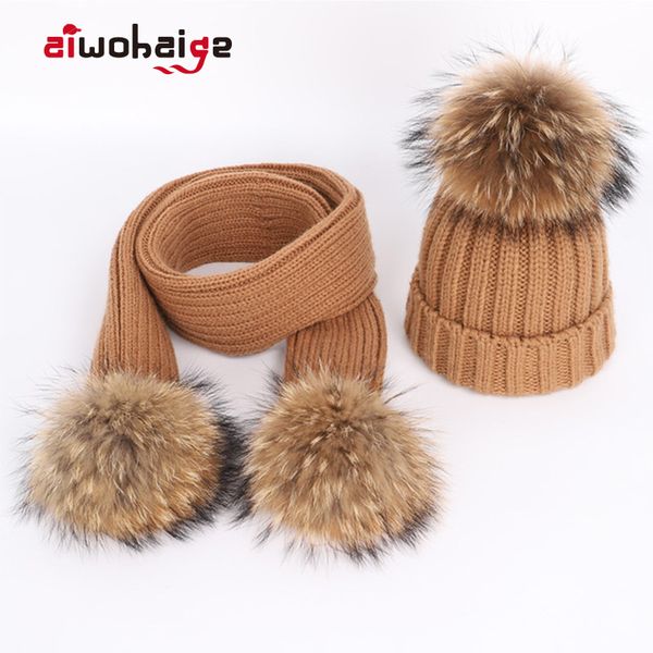 

new winter women's knitted cotton hats warm raccoon fur pom-pom children's knitted beanie ski hat scarf parent-child caps bonnet, Blue;gray