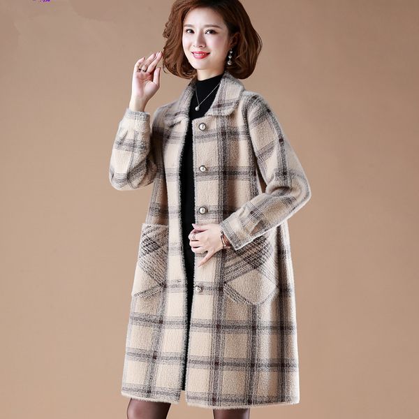 

autumn winter plaid mink velvet coat women fashion single breasted warm outerwear women casual plus size loose long overcoat 3xl, Black