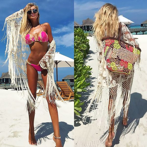 

2018 вышитые кружева купальник бикини cover up купальники женщины вязание кисточкой кардиган женщины блуза tops long cape купальный костюм, Blue;gray