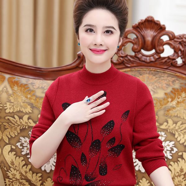 

2019 new mother sweater women autumn winter wear base shirt thicker middle-aged ladies knitted western-style pullover c5, White;black
