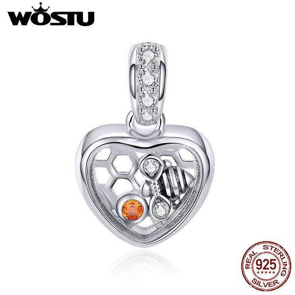 

wostu 100% стерлингового серебра 925 сладкий пчела сердце мотаться подвески подходят оригинальные diy бисера браслет ожерелье ювелирные изде, Bronze;silver
