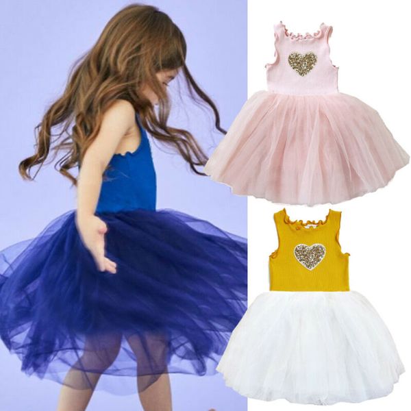 

kids baby girls party princess dress 2019 toddler summer sleeveless heart round neck wedding bridesmaid tutu tulle lace dresses, Red;yellow