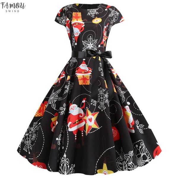 

женщины моды рождество печать платье o-образный вырез без рукавов zipper хепберн платья партии всесезонные 2020 горячих продаж, Black;gray