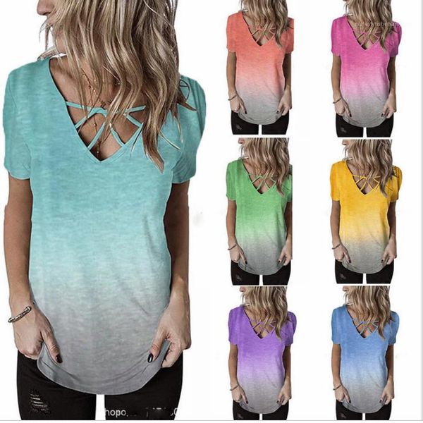 

rainbow gradient printed tshirt females plus size casual womens v-neck chest cross tees summer designer, White