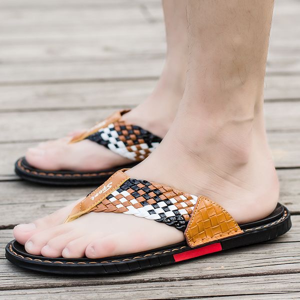 

men flip flops beach shoes flat sandals slippers genuine leather shoes fashion slides rubber outdoor slippers men, Black