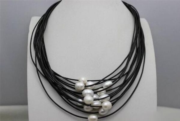 

white 10x12mm freshwater pearls 15strands black leather cord necklace, Silver