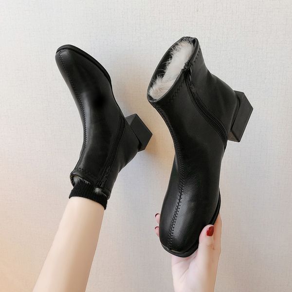 

lace up boots boots-women booties ladies low heels booties shoes luxury designer winter footwear round toe 2019 mid, Black