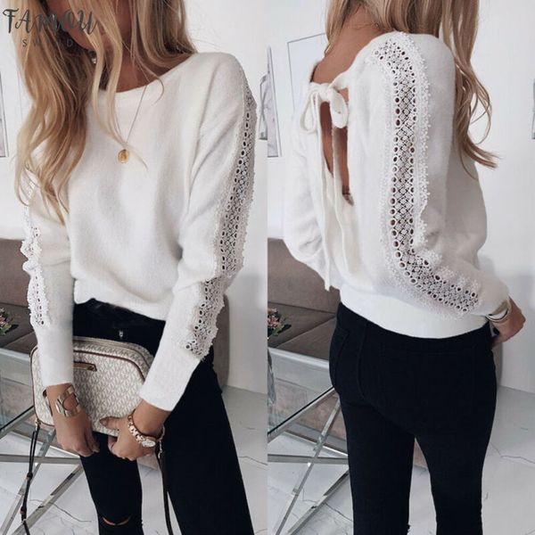 

backless women blouse casual crew neck backless lace up long sleeve shirt crop shirts slim female streetwear, White
