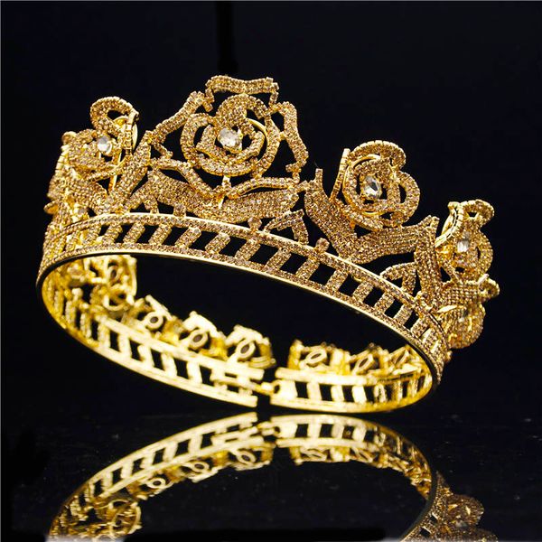 

vintage baroque bride crown rose flower tiaras rhinestone zircon headband for queen bridal wedding accessories hair jewelry, Golden;white