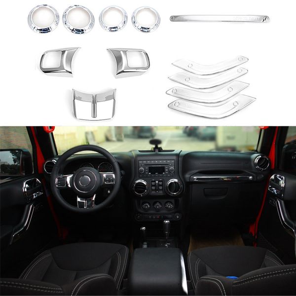 

abs chrome interior kit decoration 4 doors 12pcs decoration cover for jeep wrangler jk 2011-2017 car accessories