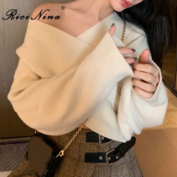 

ricinina sweater women long sleeve one shouder cross solid loose short sweaters women knitted pullover woman jumper 2020, White;black