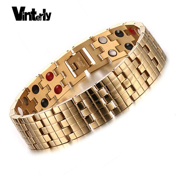 

vinterly gold color men bracelets health bio magnetic germanium stainless steel bracelet bangle for men designs chaine link, Golden;silver