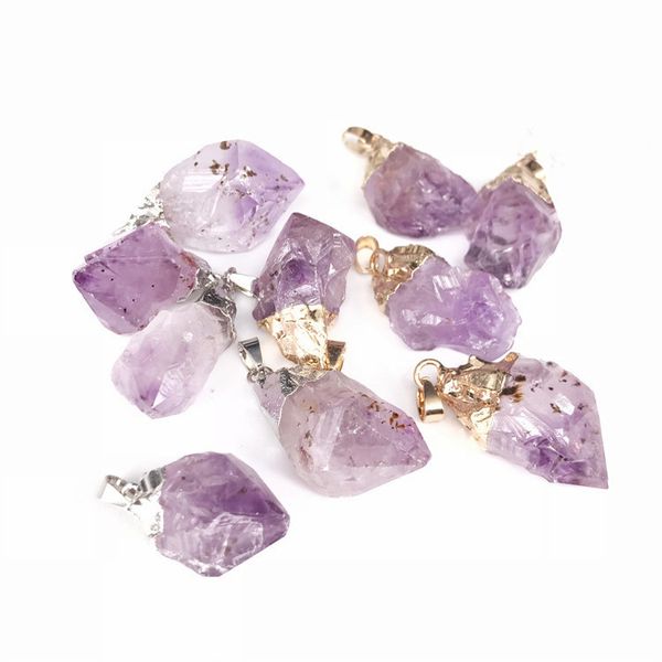 

12-25mm gold-plated silver amethyst cluster pendant unpolished original amethyst stone pendant necklace unisex