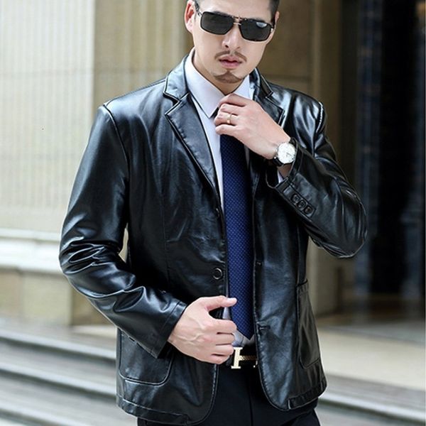 

plus size 7xl mens business pu leather blazer jacket single breasted lapel collar slim fit faux leather jacket outwear coats, Black