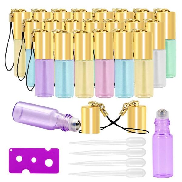 

glass roller bottles - 5ml, 24 pack, pearl colored by mavogel, stainless steel roller balls, essential oil opener and droppers