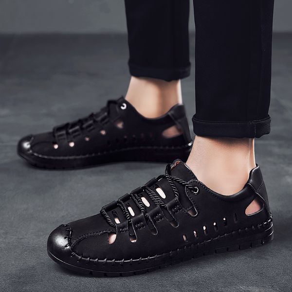 

goodrsson hollow out lace up solid shoes men's summer leather breathable lightweight outdoor casual men shoes 2019 new sale, Black