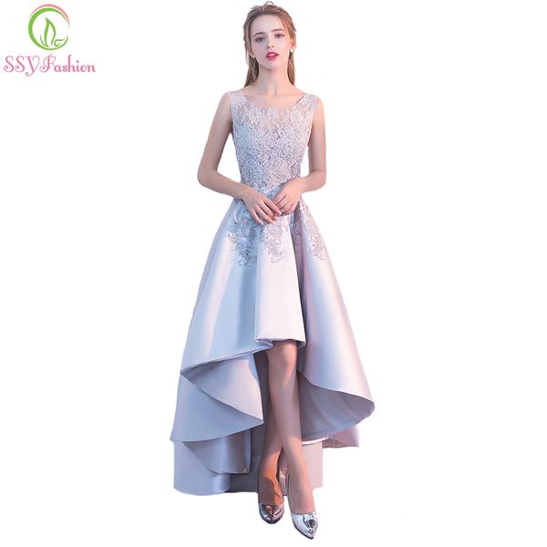 

ssyfashion new banquet elegant grey satin evening dress high/low short front long back lace appliques formal party gown custom, White;black