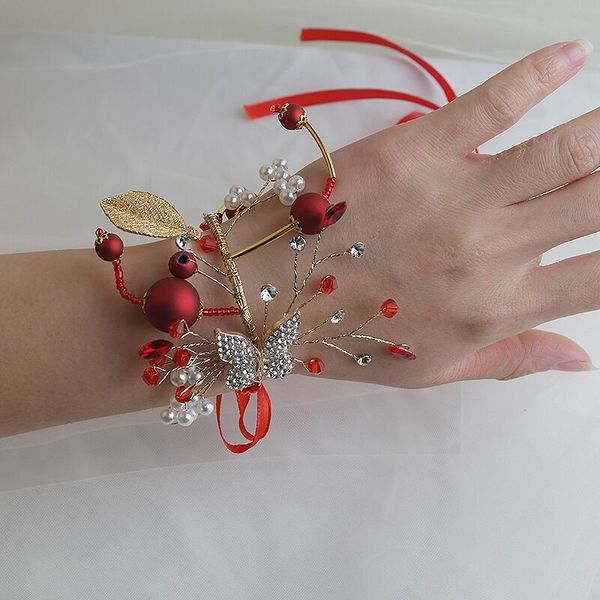 

fashion style wedding crystal ribbon wrist flower bracelet big red bride butterfly wrist flower bridesmaid sisters bracelet jewe, Black