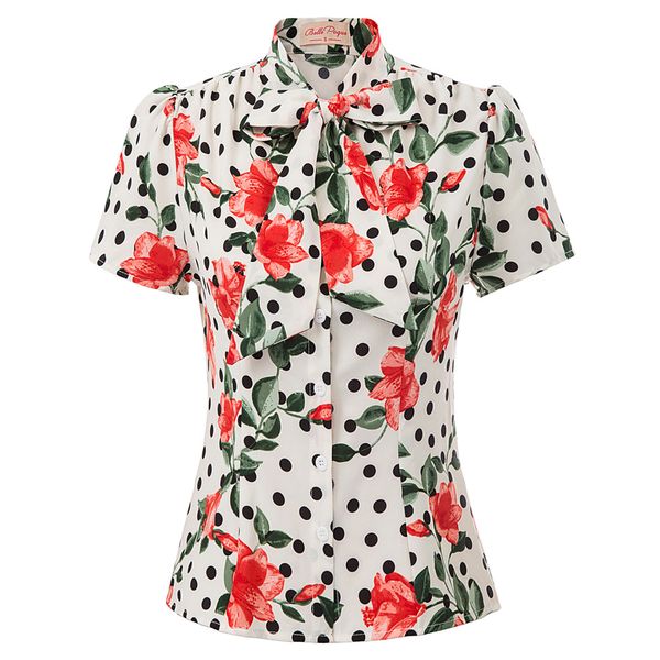 

womens stylish floral floawer printed short sleeve bow-knot shirt casual, White