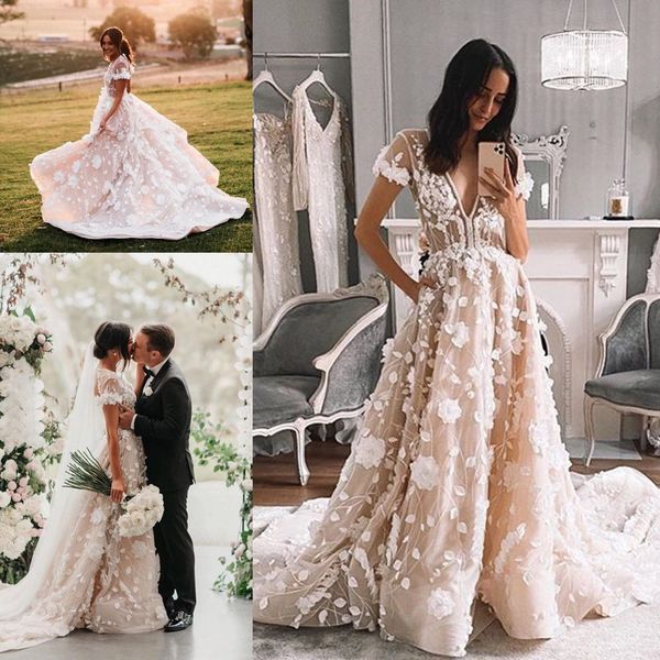 

2020 a line boho wedding dresses champagne appliqued v neck beach robes de mariÃ©e country bridal gowns bohemian wedding dress, White