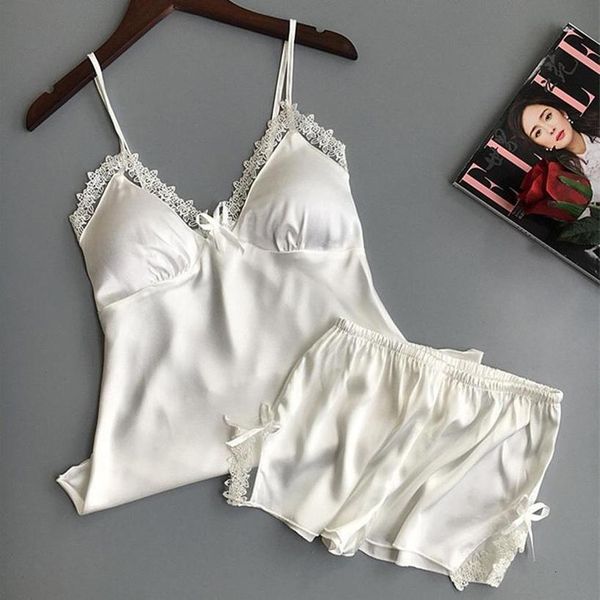 

womens pajamas satin pajamas suit white lace v neck pajamas summer shorts suspenders chest cushion gathere, Gray