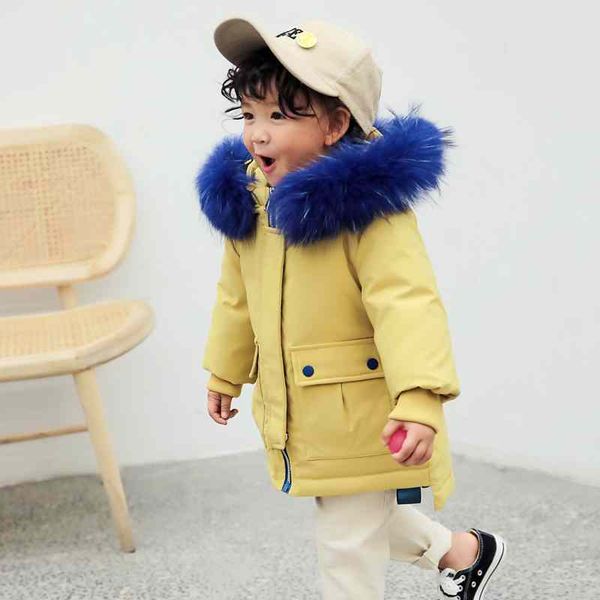 

winter kids thicken warm children down cotton coats parkas fashion big fur hats hooed jackets boys girls clothing warm, Blue;gray