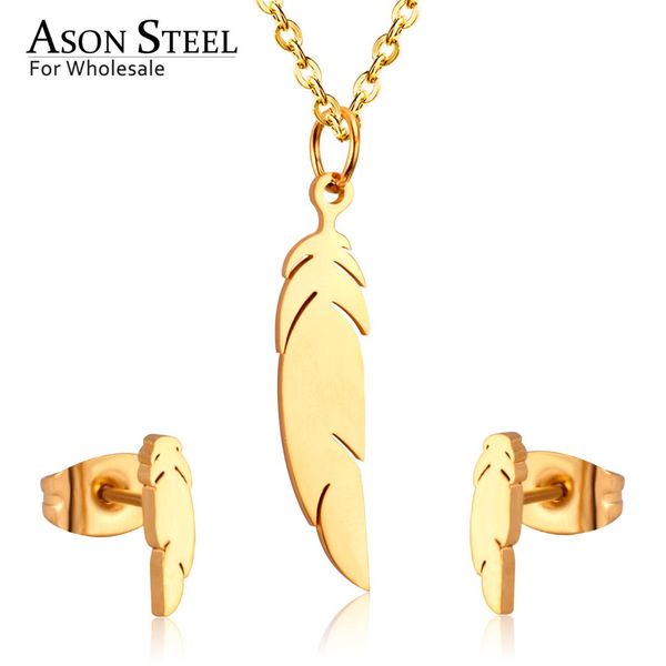 

asonsteel 316l stainless steel gold color jewelry sets for women 2019 leaf necklace pendant small stud earrings for femme, Silver