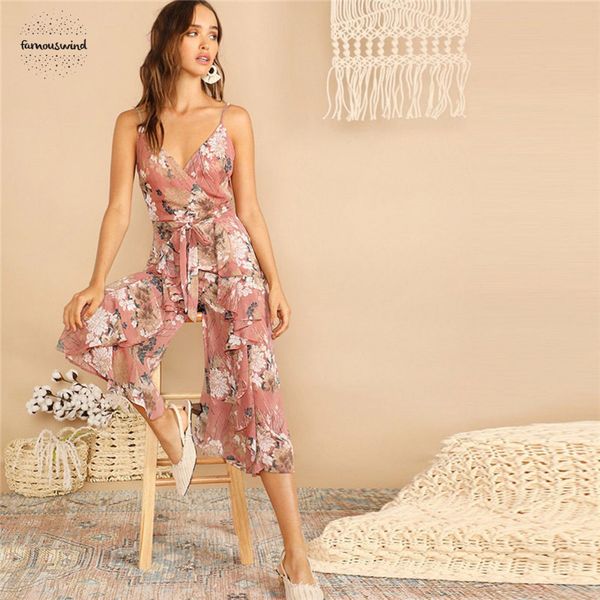 

boho surplice botanical jumpsuit ruffle cami wide leg women deep v neck neck jumpsuit summer jumpsuit, Black;white